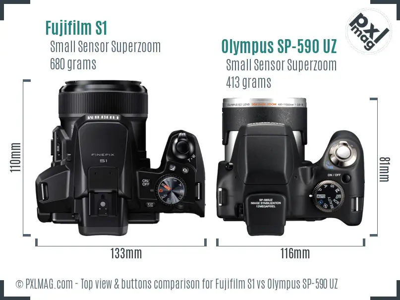 Fujifilm S1 vs Olympus SP-590 UZ top view buttons comparison