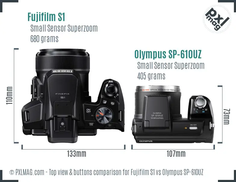 Fujifilm S1 vs Olympus SP-610UZ top view buttons comparison