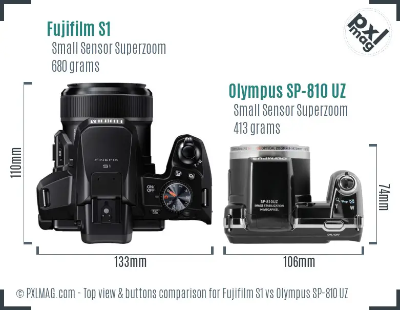 Fujifilm S1 vs Olympus SP-810 UZ top view buttons comparison