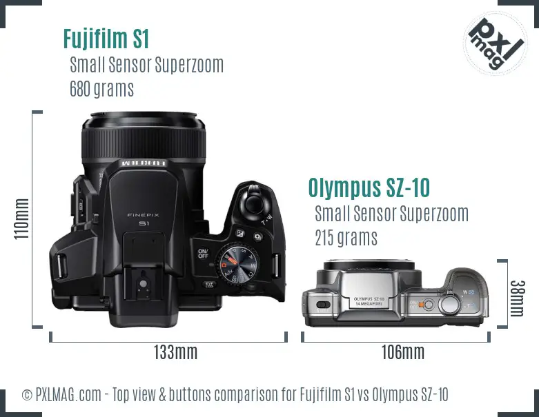 Fujifilm S1 vs Olympus SZ-10 top view buttons comparison