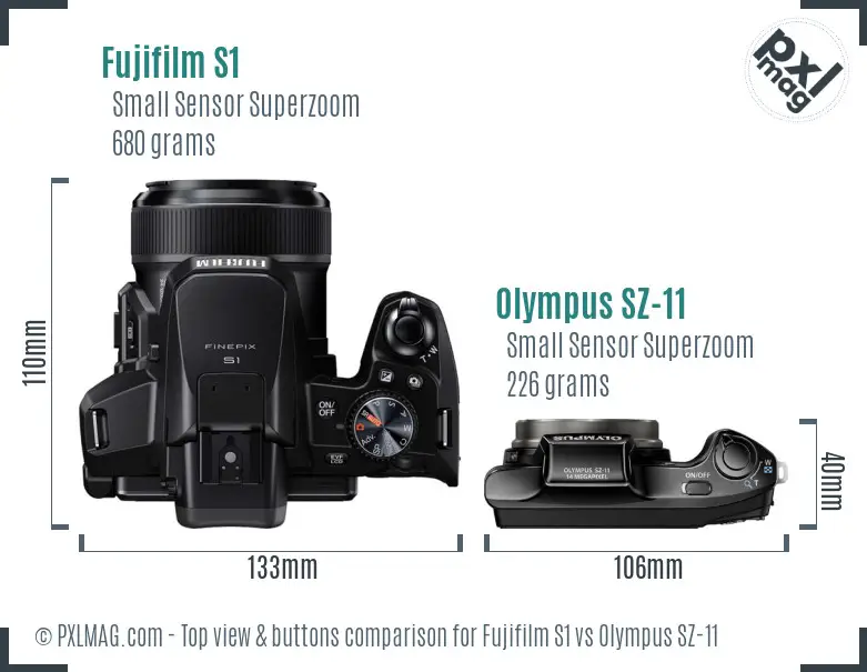 Fujifilm S1 vs Olympus SZ-11 top view buttons comparison