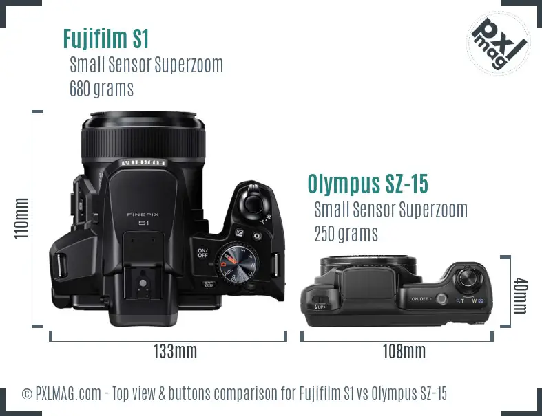 Fujifilm S1 vs Olympus SZ-15 top view buttons comparison