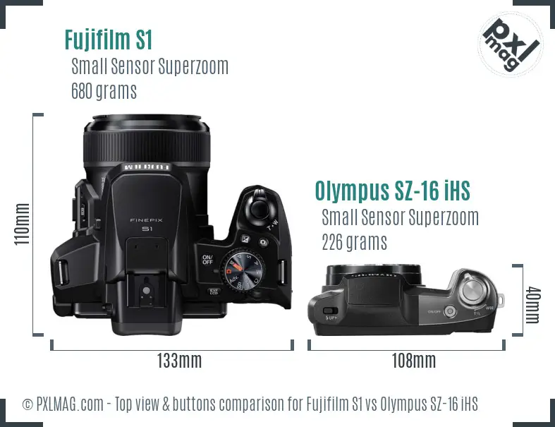 Fujifilm S1 vs Olympus SZ-16 iHS top view buttons comparison