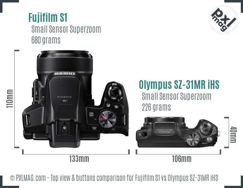 Fujifilm S1 vs Olympus SZ-31MR iHS top view buttons comparison