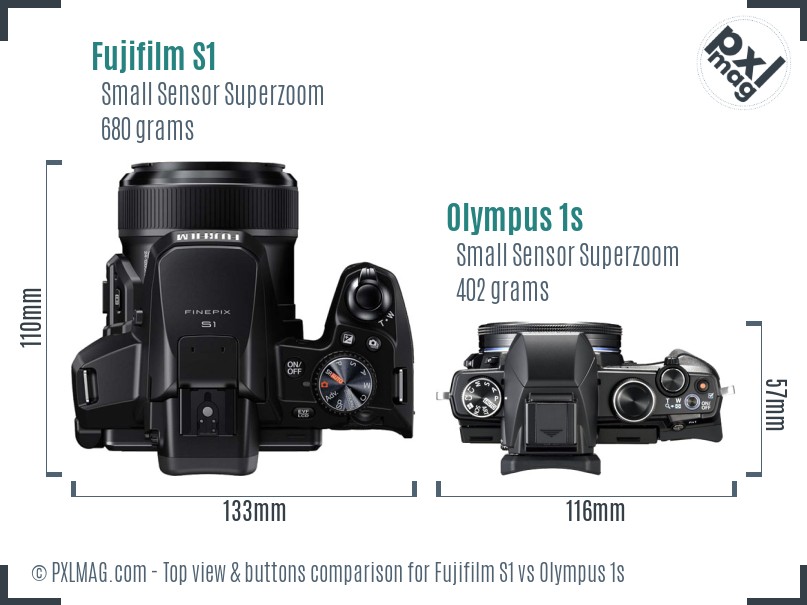 Fujifilm S1 vs Olympus 1s top view buttons comparison