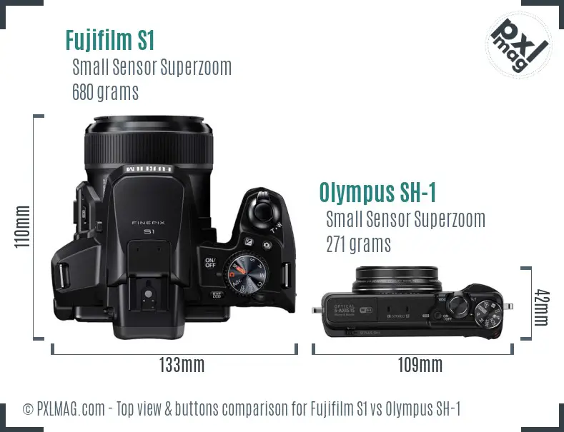 Fujifilm S1 vs Olympus SH-1 top view buttons comparison Fujifilm S1 vs Olympus SH-1 top view buttons comparison