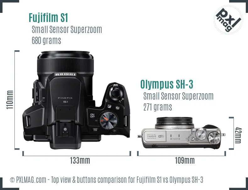 Fujifilm S1 vs Olympus SH-3 top view buttons comparison