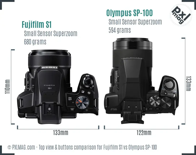 Fujifilm S1 vs Olympus SP-100 top view buttons comparison