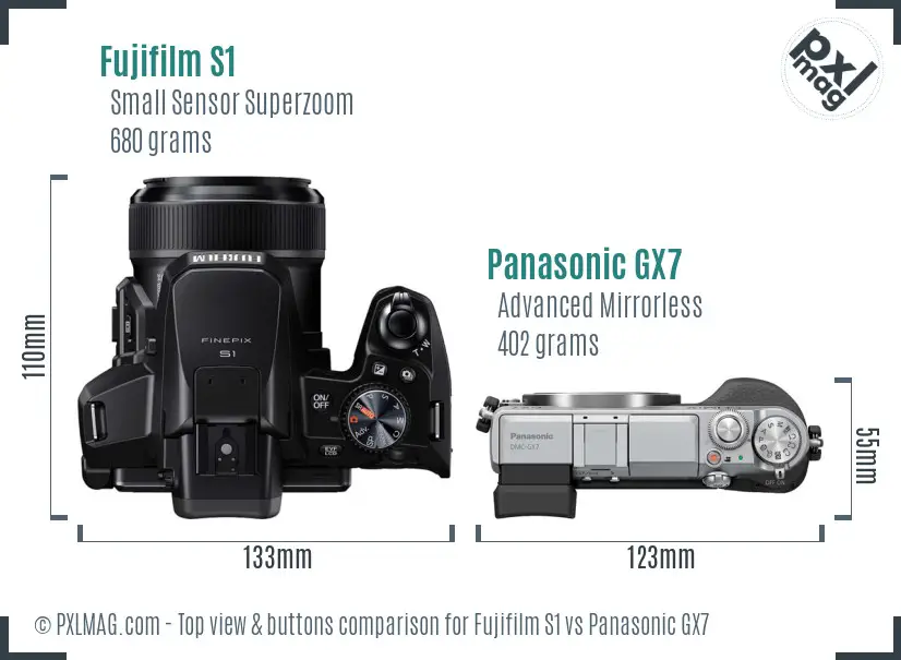 Fujifilm S1 vs Panasonic GX7 top view buttons comparison