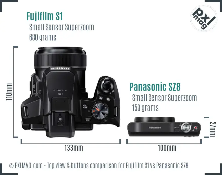 Fujifilm S1 vs Panasonic SZ8 top view buttons comparison