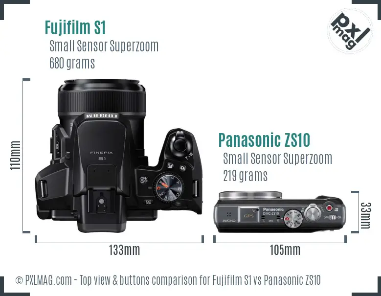 Fujifilm S1 vs Panasonic ZS10 top view buttons comparison Fujifilm S1 vs Panasonic ZS10 top view buttons comparison