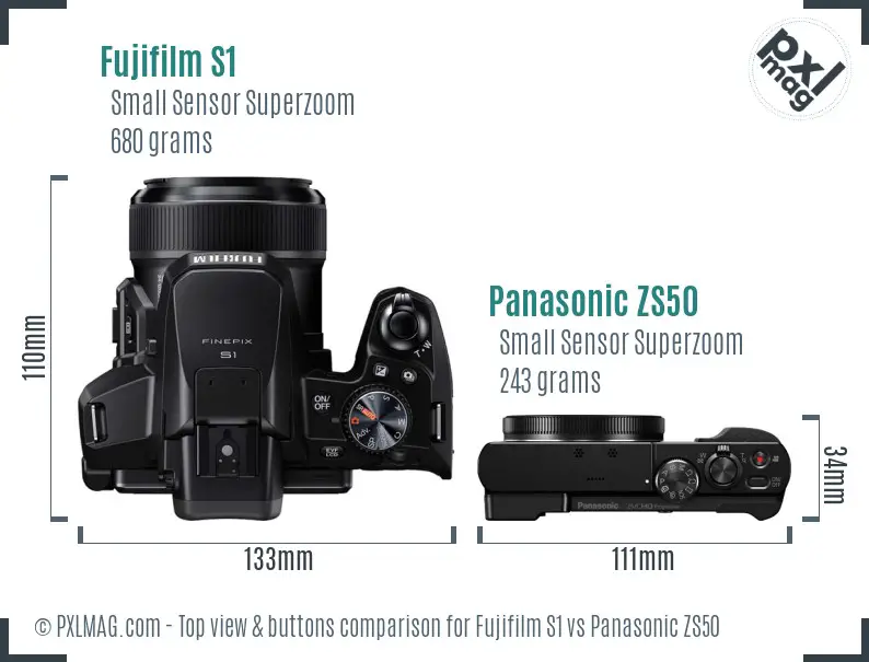 Fujifilm S1 vs Panasonic ZS50 top view buttons comparison Fujifilm S1 vs Panasonic ZS50 top view buttons comparison