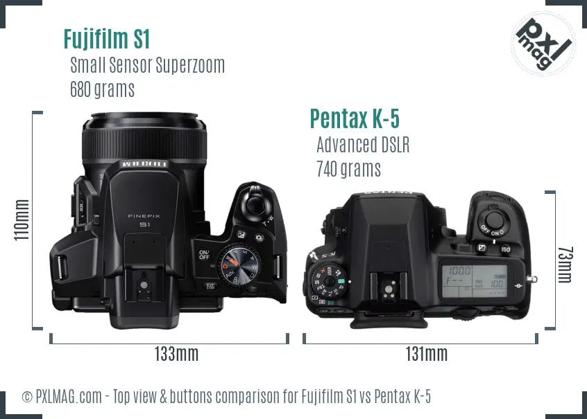 Fujifilm S1 vs Pentax K-5 top view buttons comparison