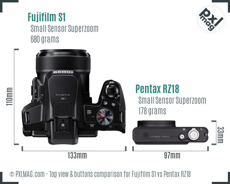 Fujifilm S1 vs Pentax RZ18 top view buttons comparison