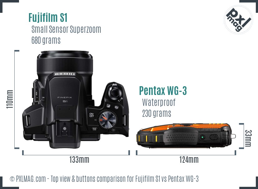 Fujifilm S1 vs Pentax WG-3 top view buttons comparison