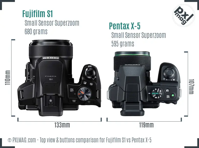 Fujifilm S1 vs Pentax X-5 top view buttons comparison