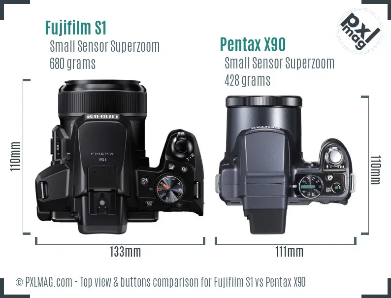 Fujifilm S1 vs Pentax X90 top view buttons comparison