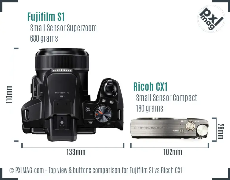 Fujifilm S1 vs Ricoh CX1 top view buttons comparison