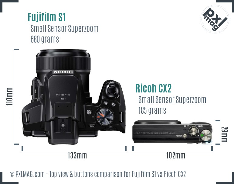 Fujifilm S1 vs Ricoh CX2 top view buttons comparison