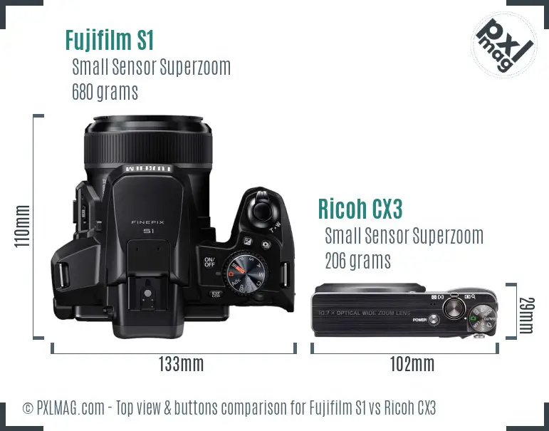 Fujifilm S1 vs Ricoh CX3 top view buttons comparison