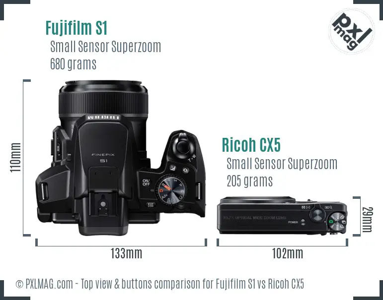 Fujifilm S1 vs Ricoh CX5 top view buttons comparison Fujifilm S1 vs Ricoh CX5 top view buttons comparison