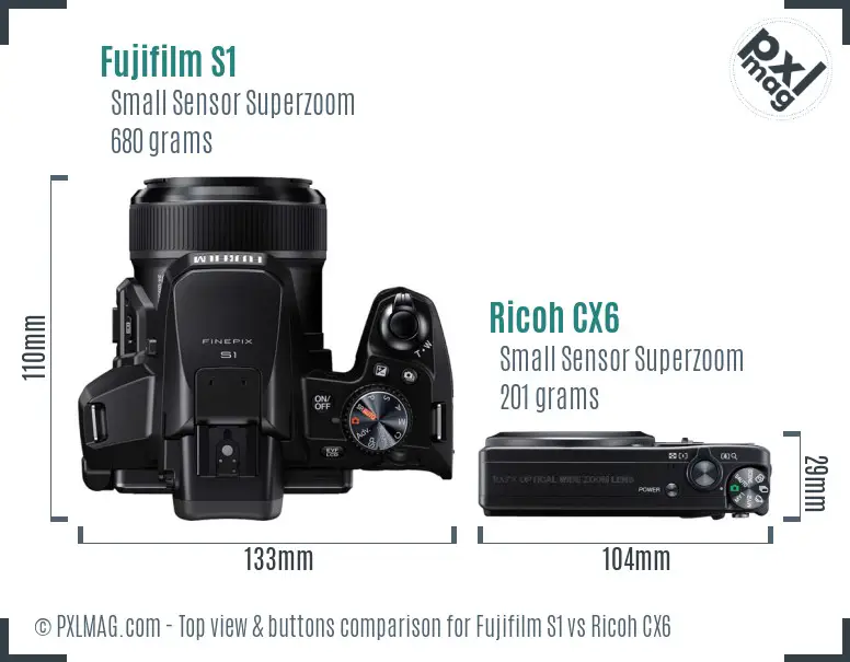 Fujifilm S1 vs Ricoh CX6 top view buttons comparison