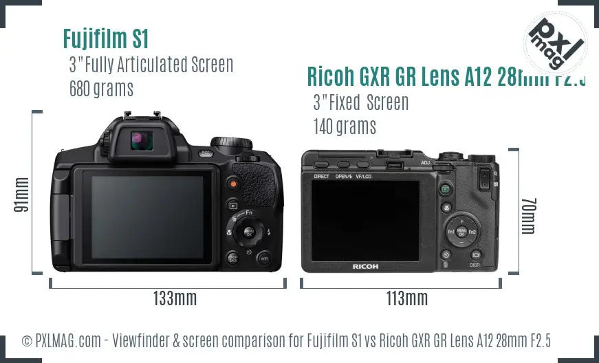 Fujifilm S1 vs Ricoh GXR GR Lens A12 28mm F2.5 Screen and Viewfinder comparison