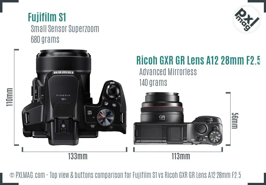 Fujifilm S1 vs Ricoh GXR GR Lens A12 28mm F2.5 top view buttons comparison