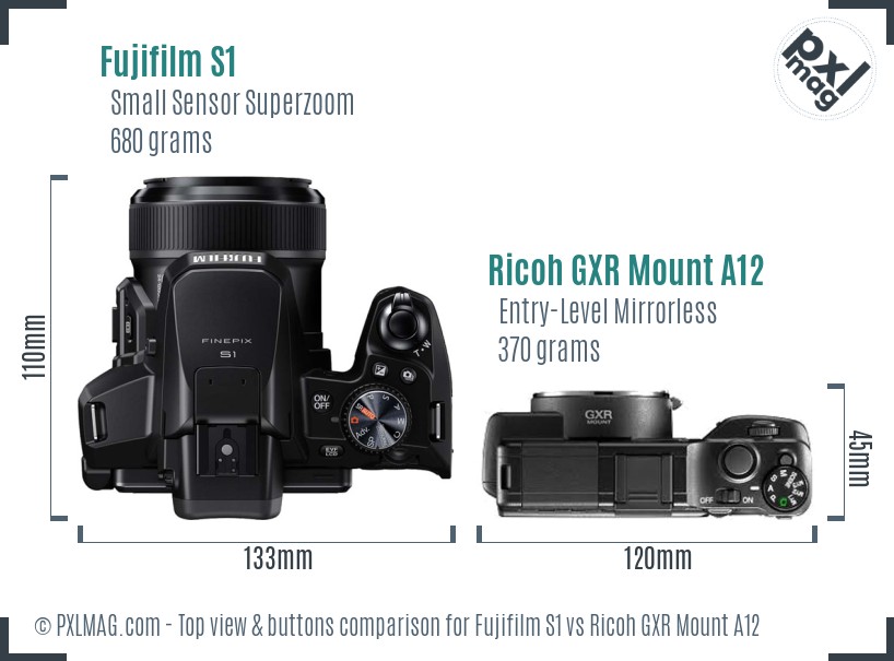 Fujifilm S1 vs Ricoh GXR Mount A12 top view buttons comparison