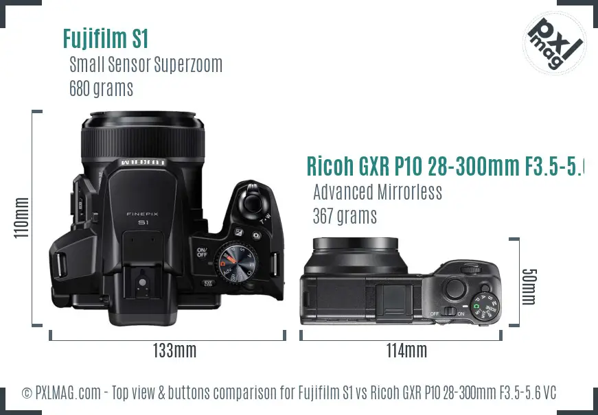 Fujifilm S1 vs Ricoh GXR P10 28-300mm F3.5-5.6 VC top view buttons comparison Fujifilm S1 vs Ricoh GXR P10 28-300mm F3.5-5.6 VC top view buttons comparison