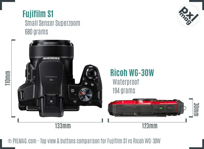 Fujifilm S1 vs Ricoh WG-30W top view buttons comparison