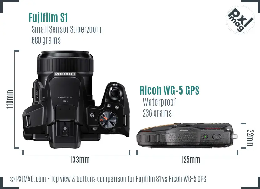 Fujifilm S1 vs Ricoh WG-5 GPS top view buttons comparison