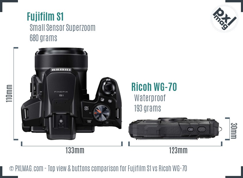 Fujifilm S1 vs Ricoh WG-70 top view buttons comparison
