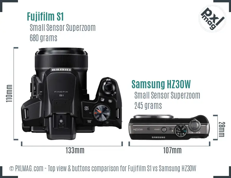 Fujifilm S1 vs Samsung HZ30W top view buttons comparison