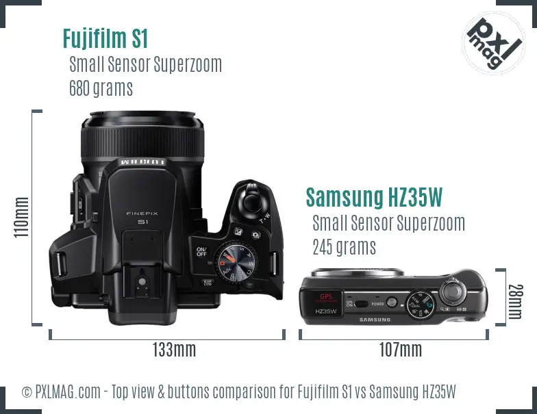 Fujifilm S1 vs Samsung HZ35W top view buttons comparison Fujifilm S1 vs Samsung HZ35W top view buttons comparison
