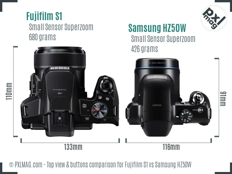 Fujifilm S1 vs Samsung HZ50W top view buttons comparison