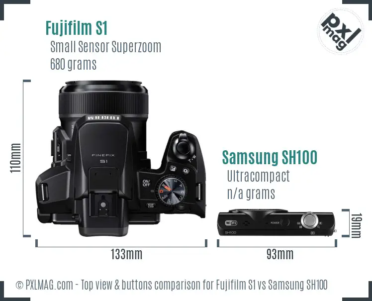 Fujifilm S1 vs Samsung SH100 top view buttons comparison Fujifilm S1 vs Samsung SH100 top view buttons comparison
