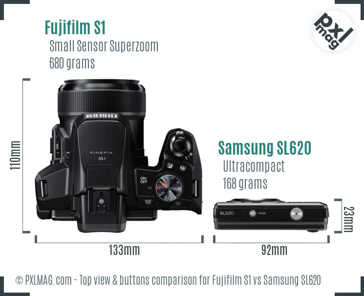 Fujifilm S1 vs Samsung SL620 top view buttons comparison