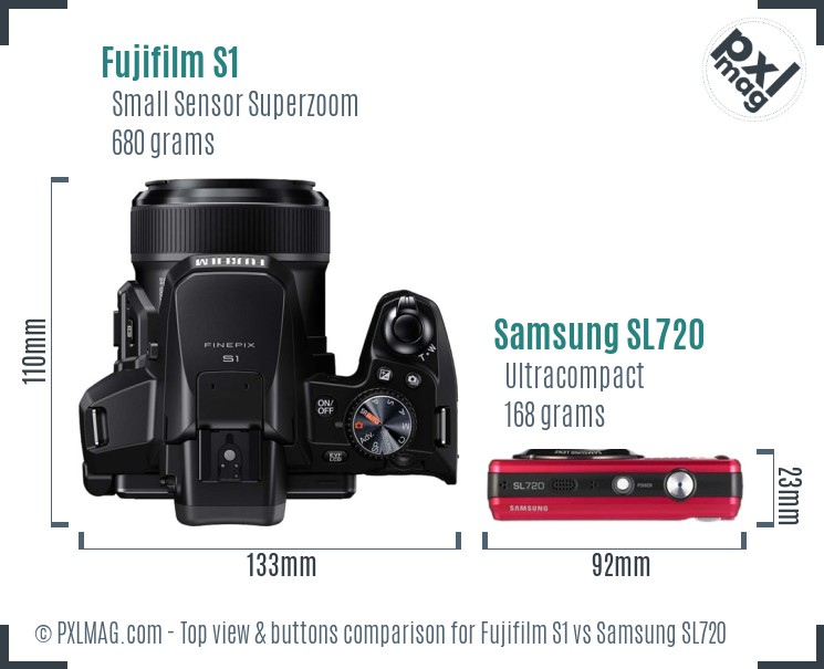 Fujifilm S1 vs Samsung SL720 top view buttons comparison