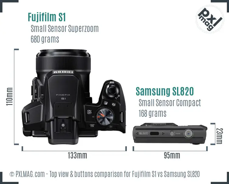 Fujifilm S1 vs Samsung SL820 top view buttons comparison Fujifilm S1 vs Samsung SL820 top view buttons comparison