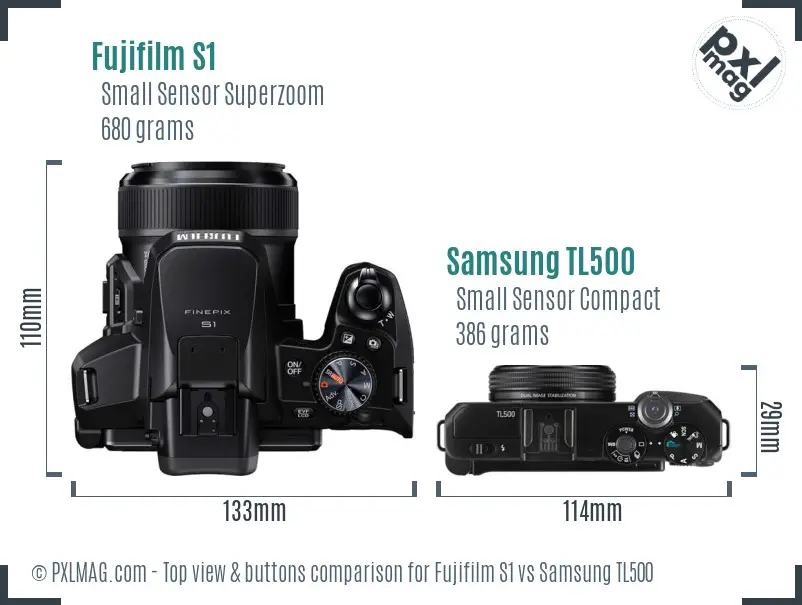 Fujifilm S1 vs Samsung TL500 top view buttons comparison