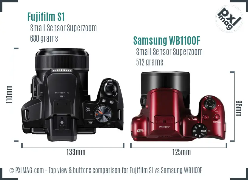 Fujifilm S1 vs Samsung WB1100F top view buttons comparison