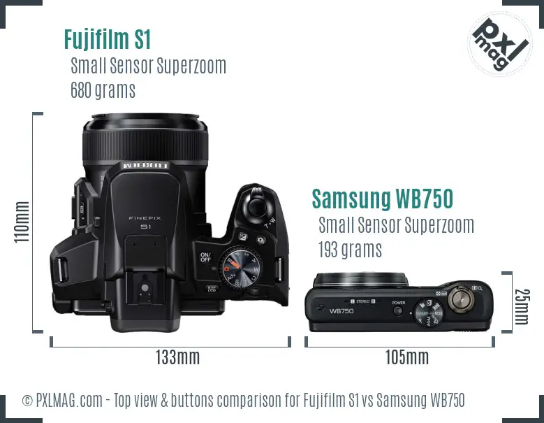 Fujifilm S1 vs Samsung WB750 top view buttons comparison Fujifilm S1 vs Samsung WB750 top view buttons comparison