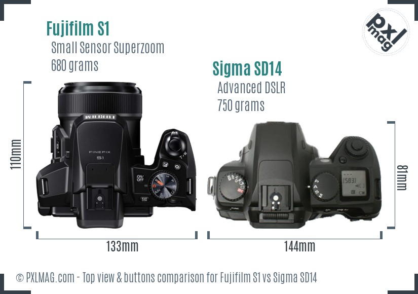 Fujifilm S1 vs Sigma SD14 top view buttons comparison
