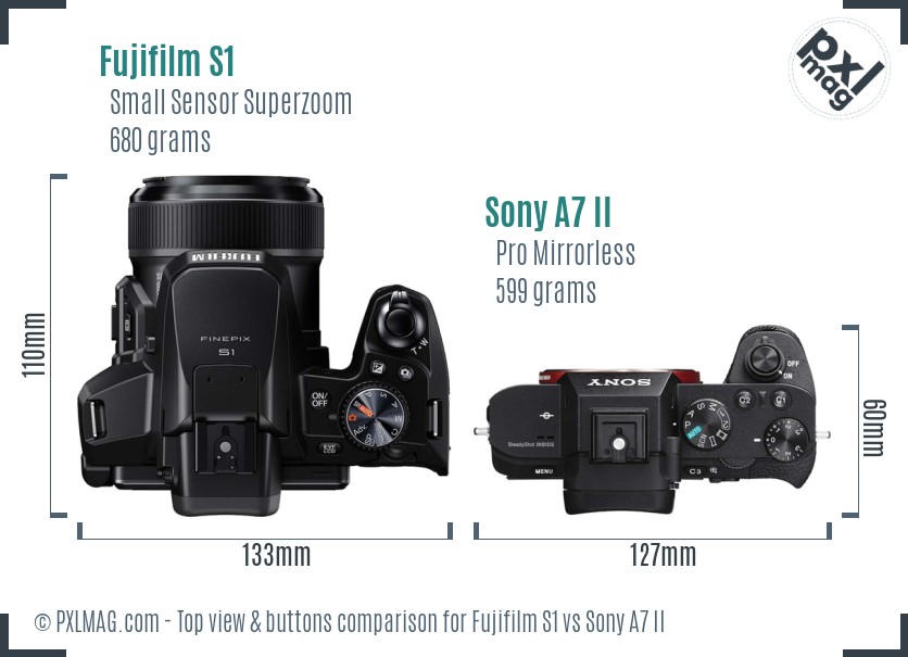Fujifilm S1 vs Sony A7 II top view buttons comparison