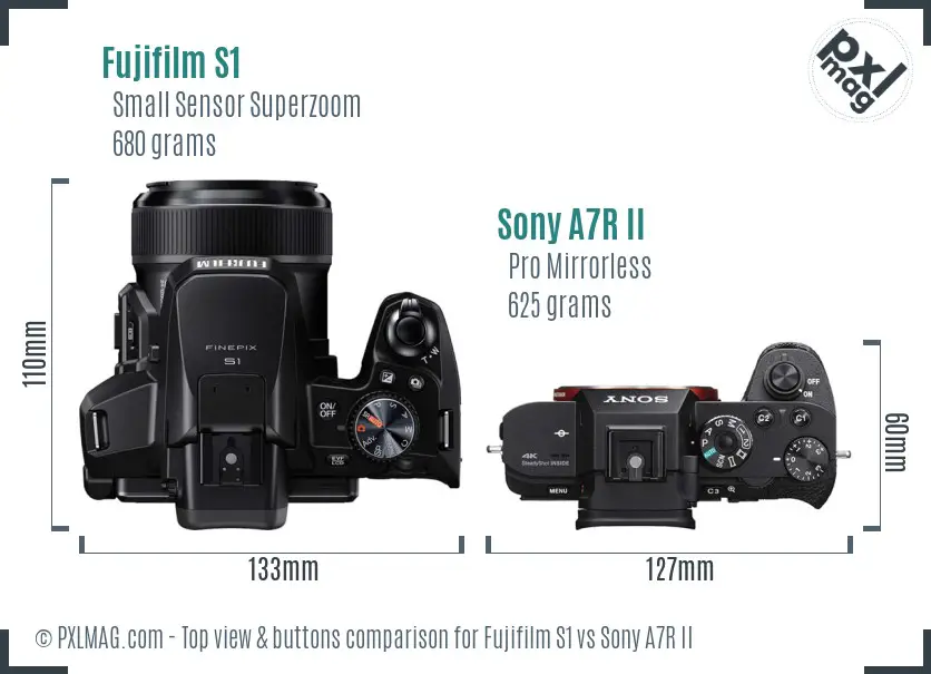 Fujifilm S1 vs Sony A7R II top view buttons comparison