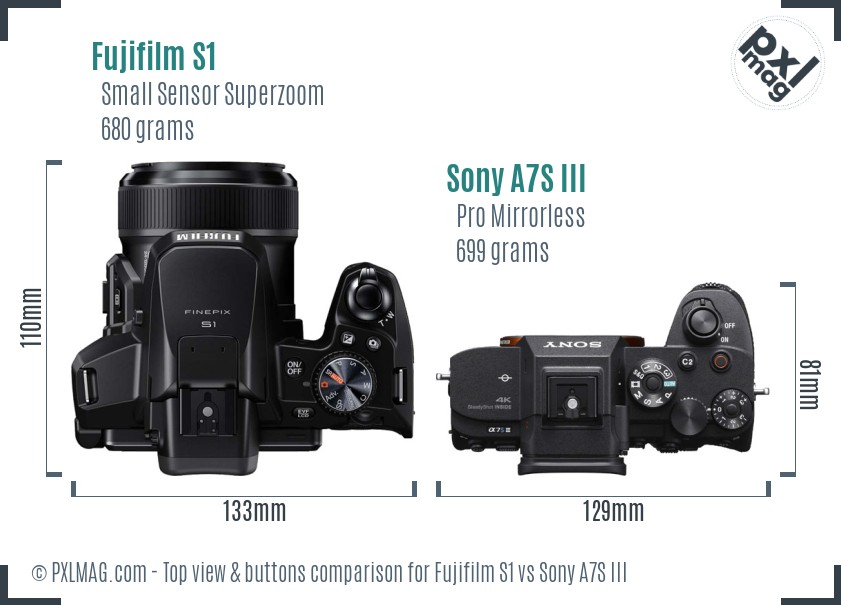 Fujifilm S1 vs Sony A7S III top view buttons comparison