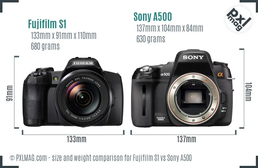 Fujifilm S1 vs Sony A500 size comparison