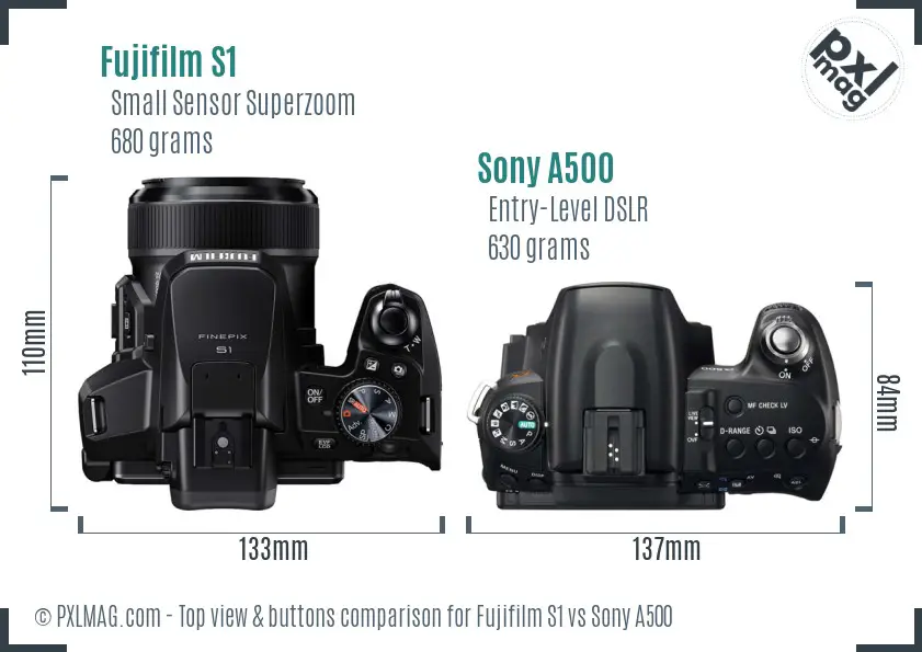 Fujifilm S1 vs Sony A500 top view buttons comparison