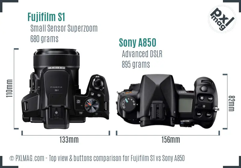 Fujifilm S1 vs Sony A850 top view buttons comparison